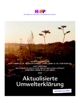 HiPP-Werk Georg Hipp OHG - Aktualisierte Umwelterklärung 2025 Hipp Pfaffenhofen, Hipp GmbH & Co. Produktion KG, Hipp GmbH & Co. Vertrieb KG, Hipp Herford, Milchwirtschaftliche Industrie Gesellschaft, Herford GmbH & Co. Kg