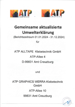 ATP adhesive systems AG - ATP Alltape Klebetechnik GmbH und ATP Graphics Werra Klebetechnik GmbH Gemeinsame aktualisierte Umwelterklärung Berichtszeitraum 01.01.2024 - 31.12.2024